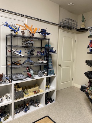 Hobby Room second half of LEGO wall with cubicles and shelves